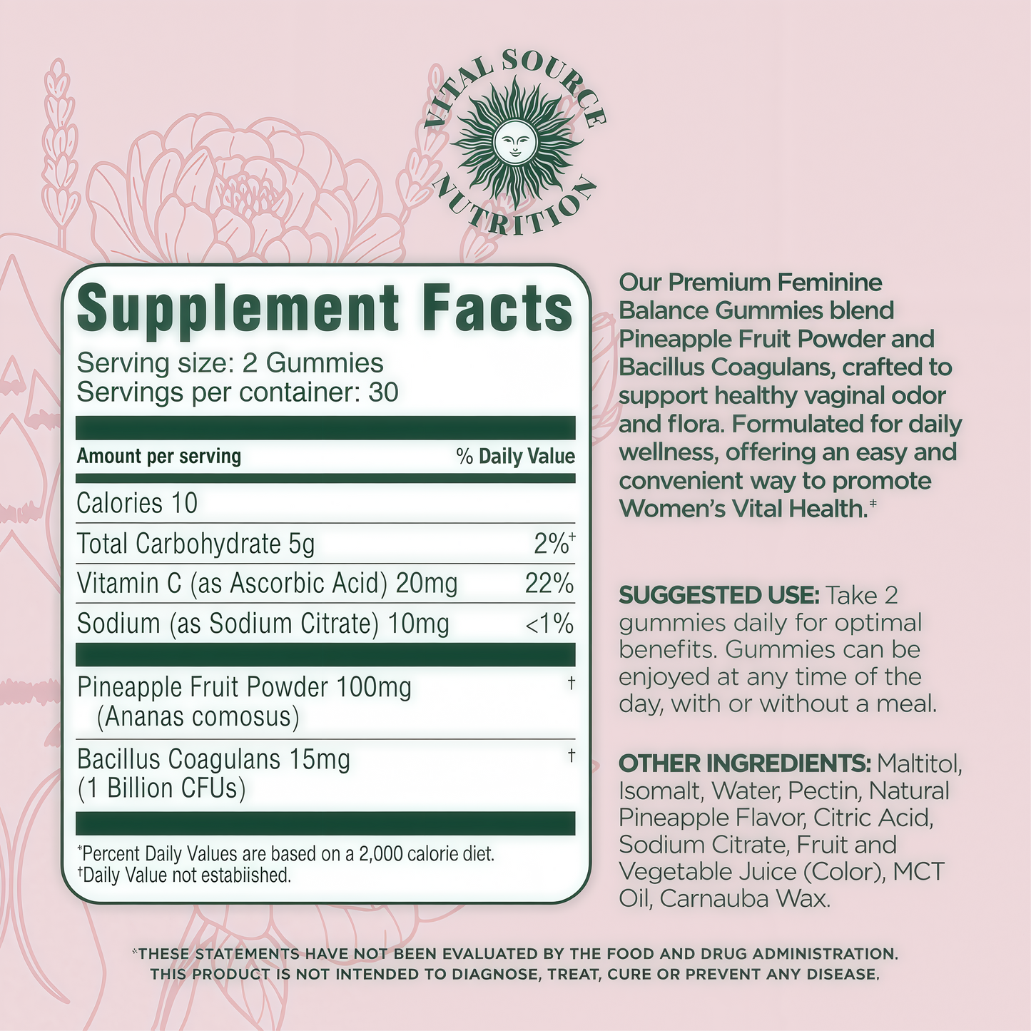 Vital Source Nutrition Vaginal Probiotic Gummies for Women - pH Balance and Immune Defense, Support Healthy Odor and Vaginal Flora - Vegan, Gluten-Free - Hawaiian Pineapple - 60 Gummies - 30 Servings