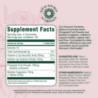 Vital Source Nutrition Vaginal Probiotic Gummies for Women - pH Balance and Immune Defense, Support Healthy Odor and Vaginal Flora - Vegan, Gluten-Free - Hawaiian Pineapple - 60 Gummies - 30 Servings